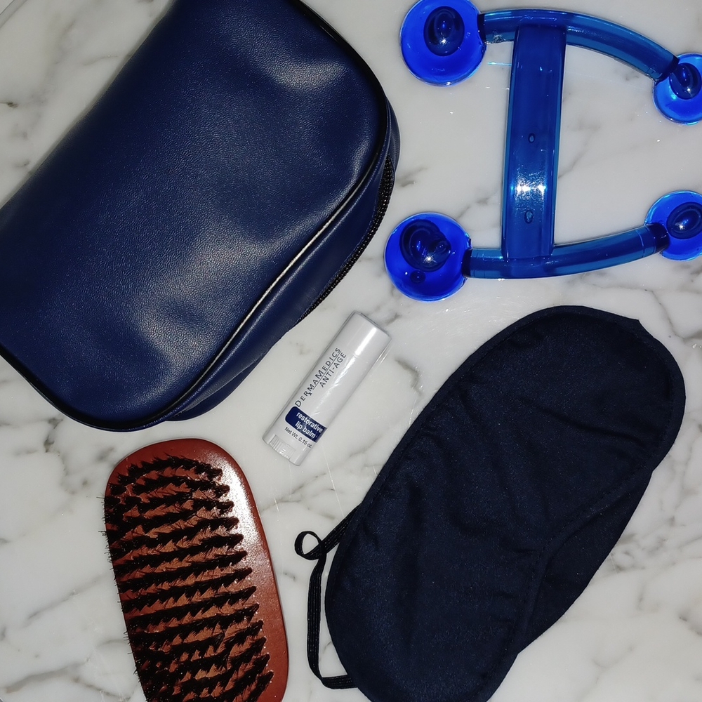 Self Care Grooming set with lip balm, eye mak, Massager, brush and zip pouch new